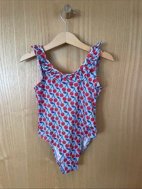 Girls Cherry-Print One-Piece Swimsuit - Blue with Red Cherries